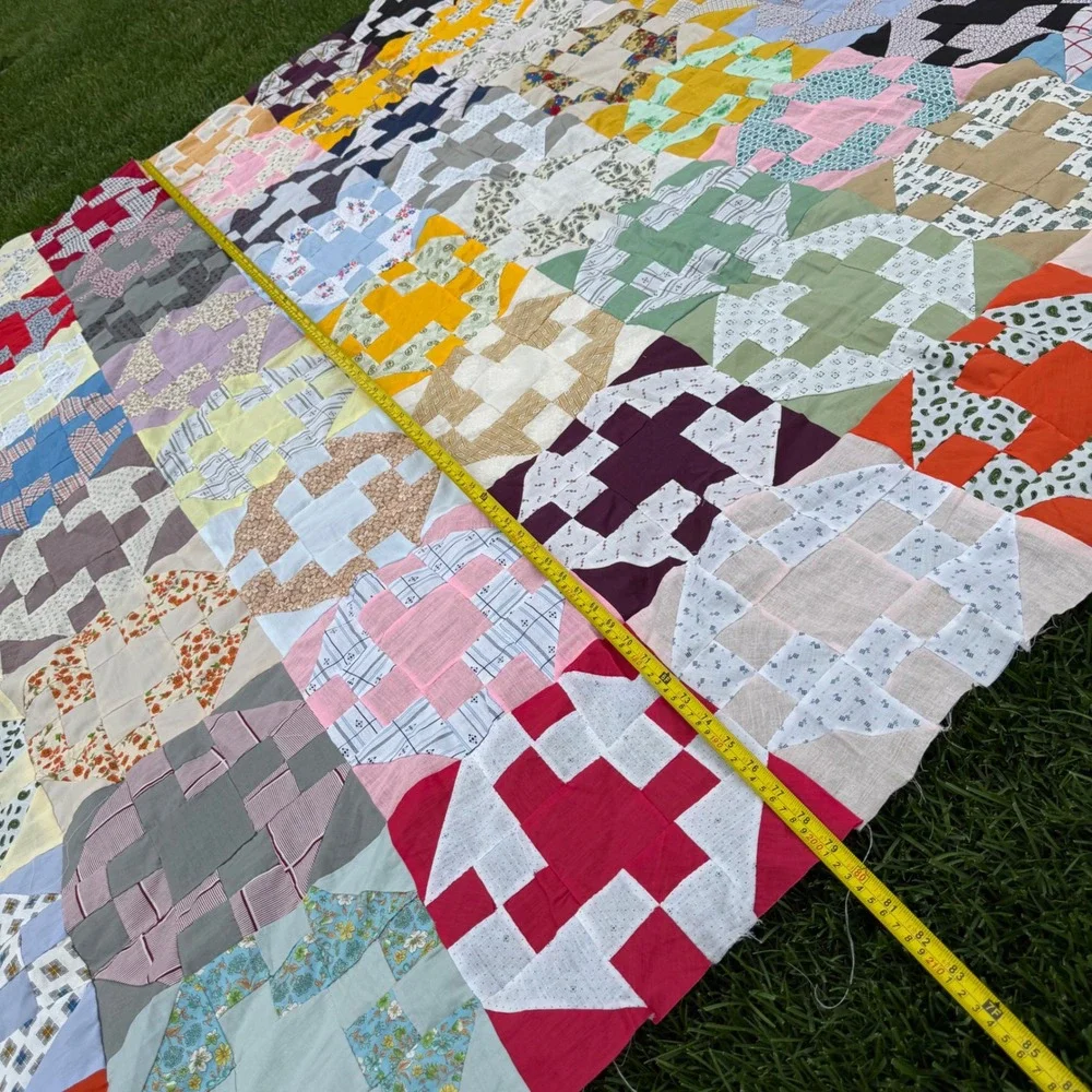 Rare Vintage Handmade Scrappy Patchwork Quilt Top Colorful Cotton Folk Art 92x82